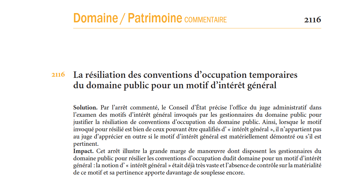 La résiliation des conventions d’occupation temporaires du domaine public pour un motif d’intérêt général