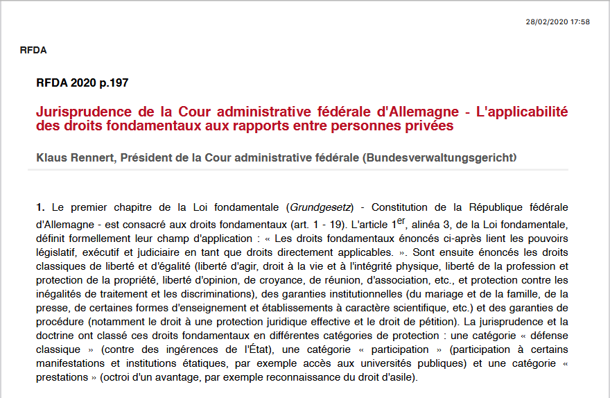 Jurisprudence de la Cour administrative fédérale d'Allemagne - L'applicabilité des droits fondamentaux aux rapports entre personnes privées