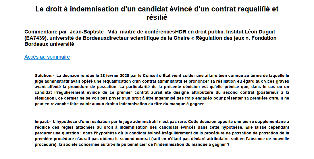 Le droit à indemnisation d'un candidat évincé d'un contrat requalifié et résilié