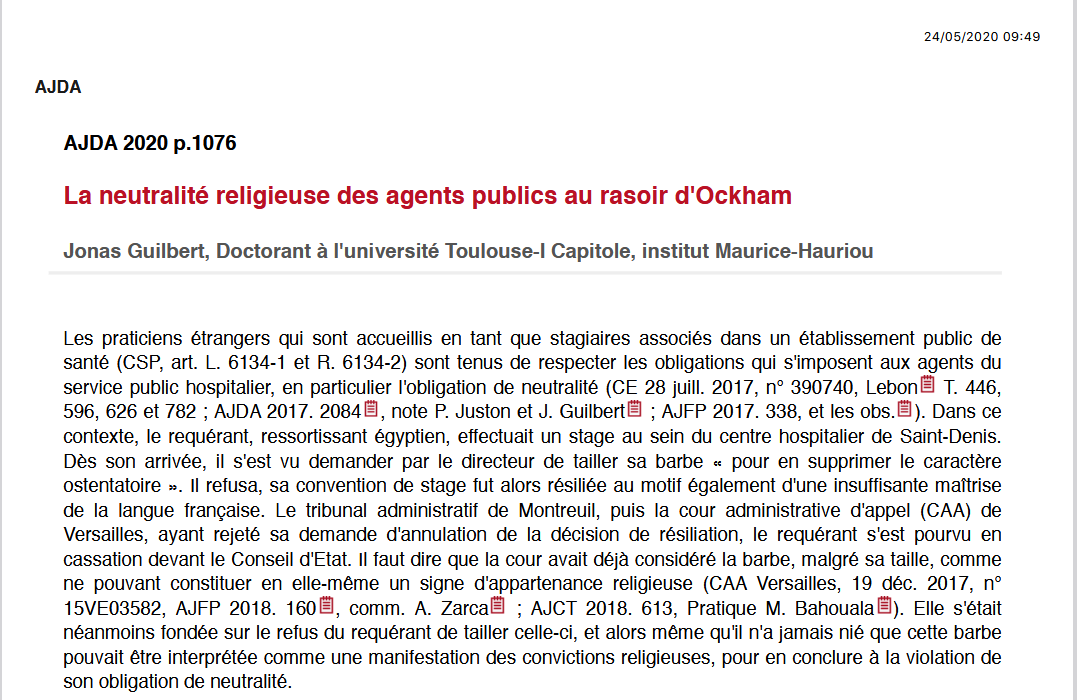 La neutralité religieuse des agents publics au rasoir d'Ockham