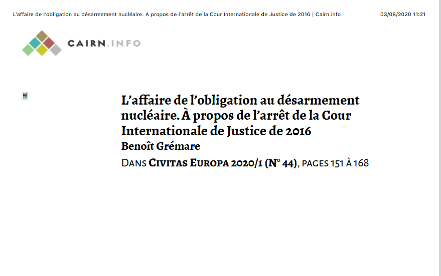 L’affaire de l’obligation au désarmement nucléaire. À propos de l’arrêt de la Cour Internationale de Justice de 2016