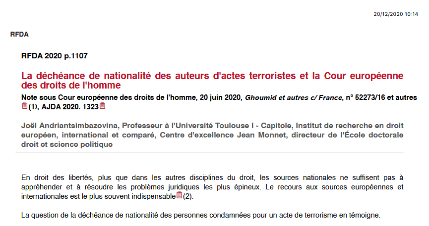 La déchéance de nationalité des auteurs d'actes terroristes et la Cour européenne des droits de l'homme