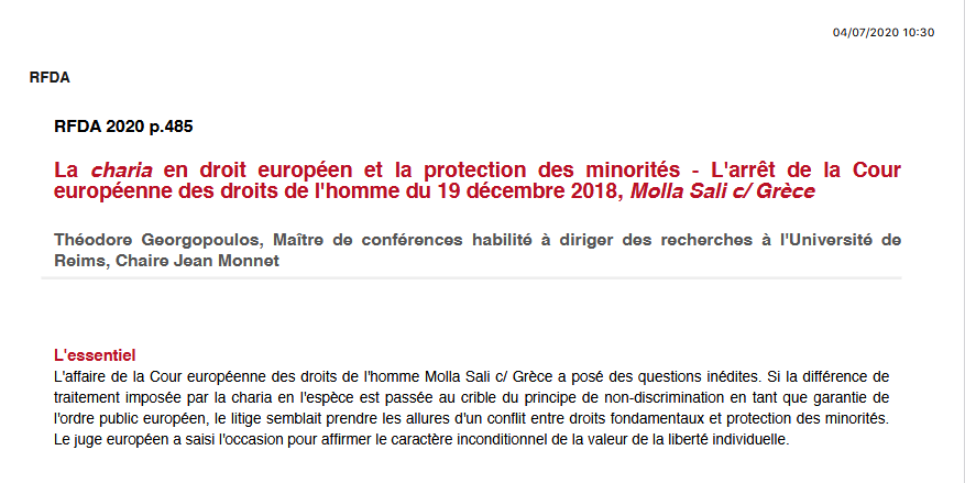 La charia en droit européen et la protection des minorités - L'arrêt de la Cour européenne des droits de l'homme du 19 décembre 2018, Molla Sali c/ Grèce