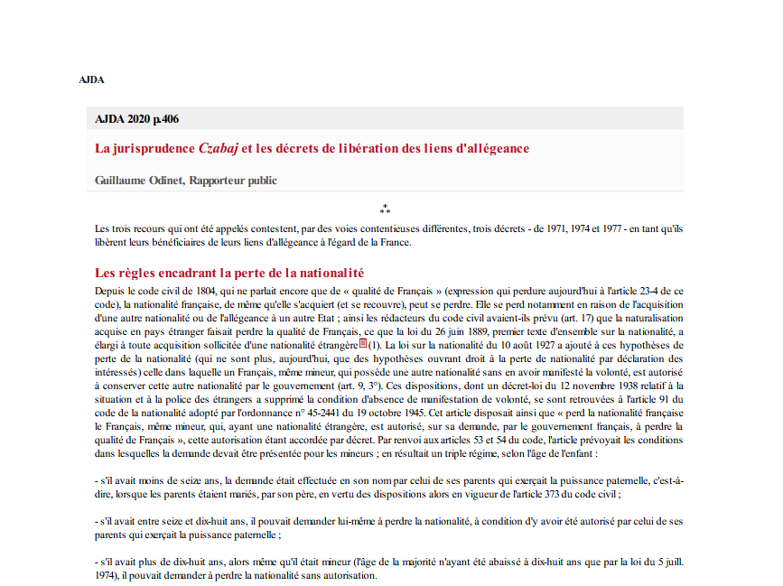 La jurisprudence Czabaj et les décrets de libération des liens d'allégeance