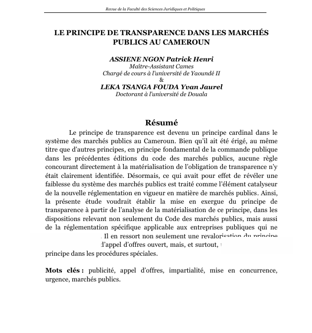 LE PRINCIPE DE TRANSPARENCE DANS LES MARCHÉS  PUBLICS AU CAMEROUN