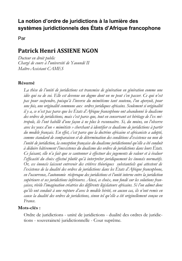 La notion d’ordre de juridictions à la lumière des  systèmes juridictionnels des États d’Afrique francophone