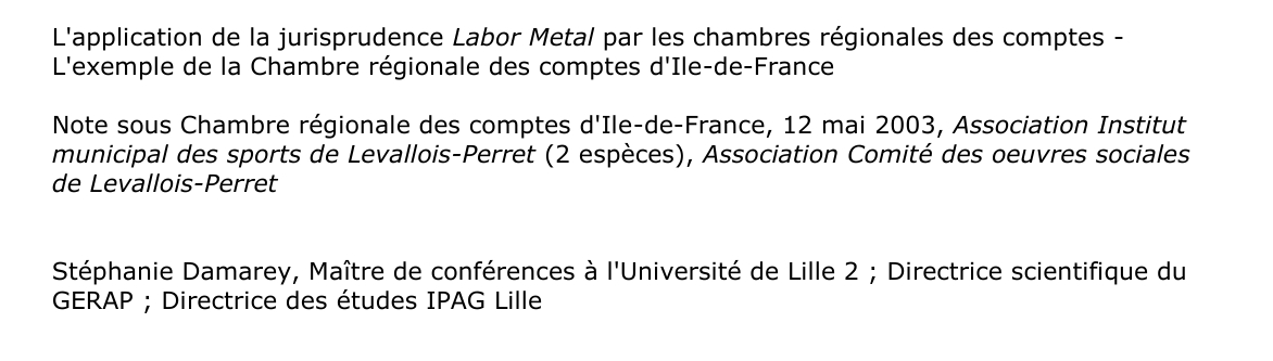 L'application de la jurisprudence Labor Metal par les chambres régionales des comptes -  L'exemple de la Chambre régionale des comptes d'Ile-de-France