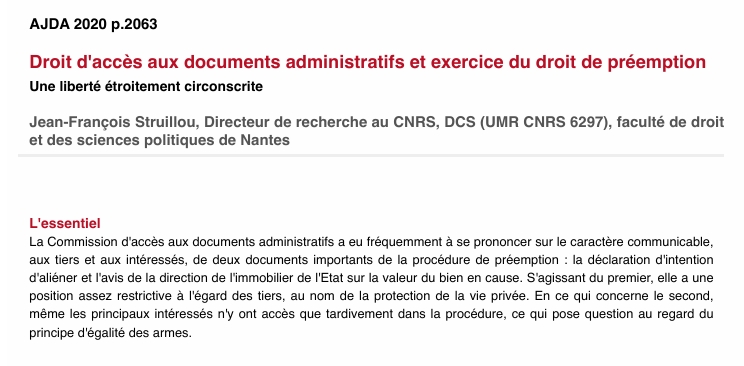 Droit d'accès aux documents administratifs et exercice du droit de préemption Une liberté étroitement circonscrite