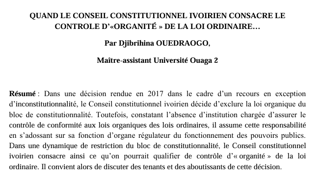 QUAND LE CONSEIL CONSTITUTIONNEL IVOIRIEN CONSACRE LE  CONTROLE D’«ORGANITÉ » DE LA LOI ORDINAIRE…