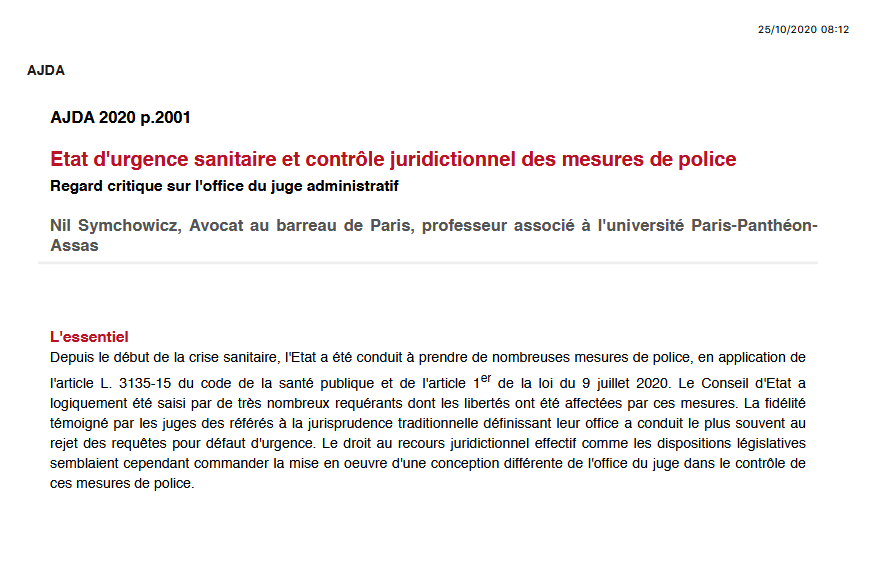 Etat d'urgence sanitaire et contrôle juridictionnel des mesures de police