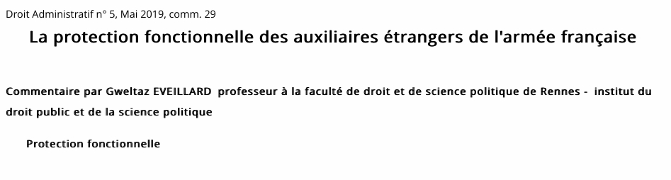 Protection fonctionnelle - La protection fonctionnelle des auxiliaires étrangers de l'armée française