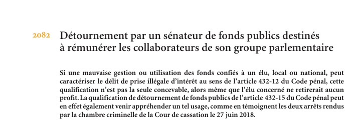 Détournement par un sénateur de fonds publics destinés à rémunérer les collaborateurs de son groupe parlementaire