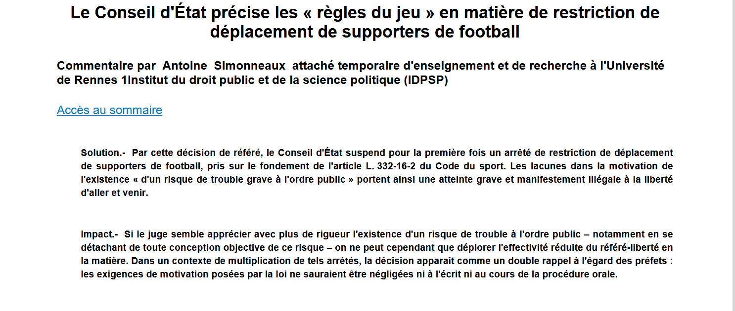Le Conseil d'État précise les « règles du jeu » en matière de restriction de déplacement de supporters de football