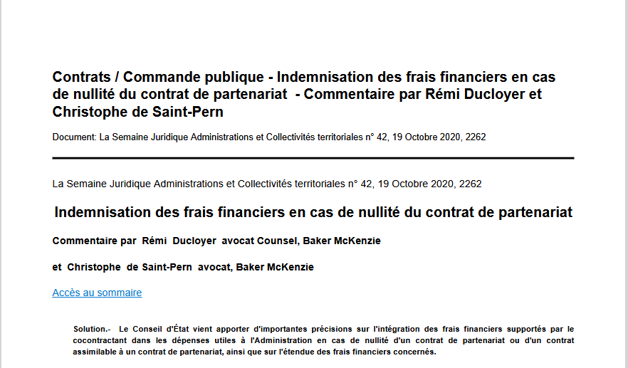 Contrats / Commande publique - Indemnisation des frais financiers en cas de nullité du contrat de partenariat