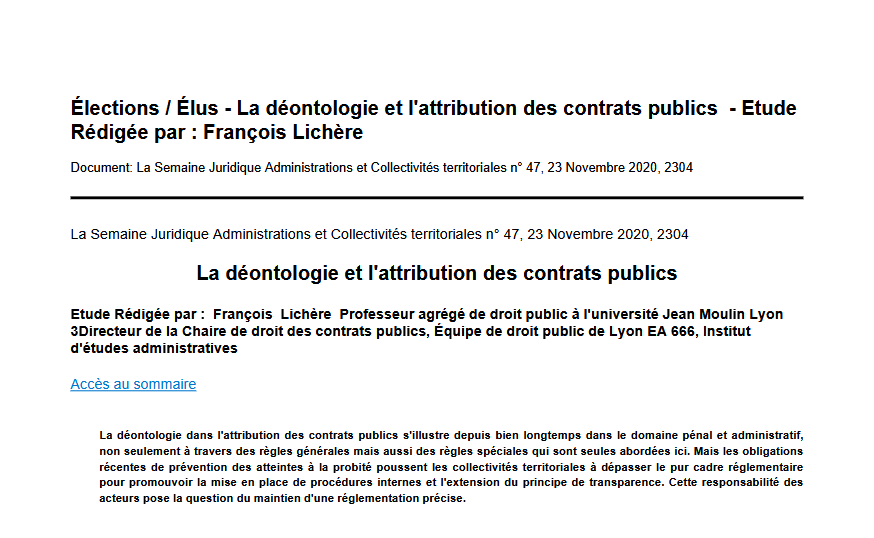 La déontologie et l'attribution des contrats publics