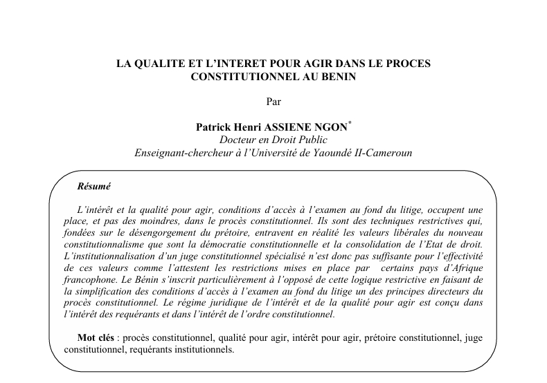 LA QUALITE ET L’INTERET POUR AGIR DANS LE PROCES  CONSTITUTIONNEL AU BENIN
