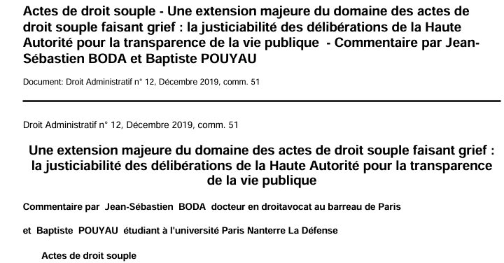 Actes de droit souple - Une extension majeure du domaine des actes de  droit souple faisant grief : la justiciabilité des délibérations de la Haute  Autorité pour la transparence de la vie publique