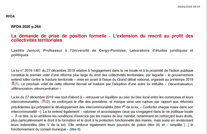 La demande de prise de position formelle - L'extension du rescrit au profit des collectivités territoriales
