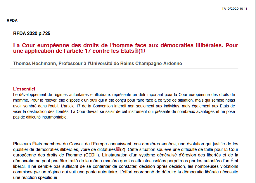 La Cour européenne des droits de l'homme face aux démocraties illibérales. Pour une application de l'article 17 contre les États (1)