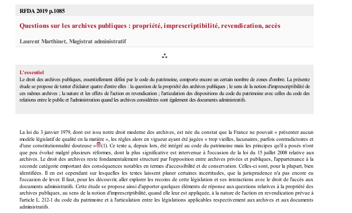 Questions sur les archives publiques : propriété, imprescriptibilité, revendication, accès