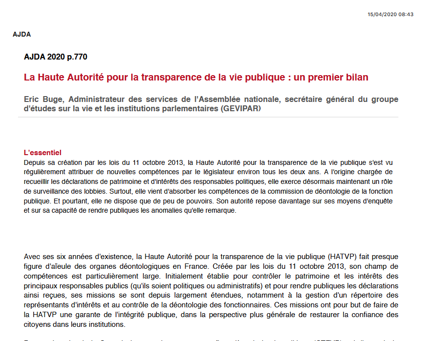 La Haute Autorité pour la transparence de la vie publique : un premier bilan