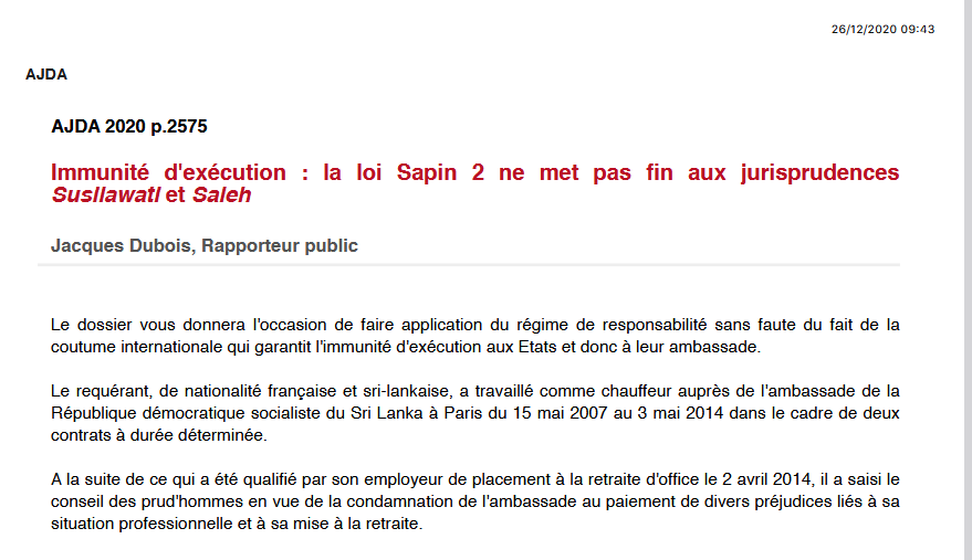 Immunité d'exécution : la loi Sapin 2 ne met pas fin aux jurisprudences Susilawati et Saleh