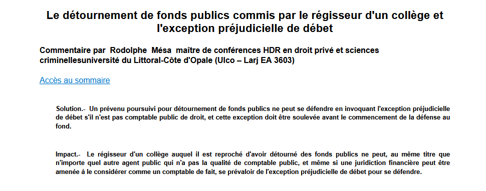 Le détournement de fonds publics commis par le régisseur d'un collège et l'exception préjudicielle de débet