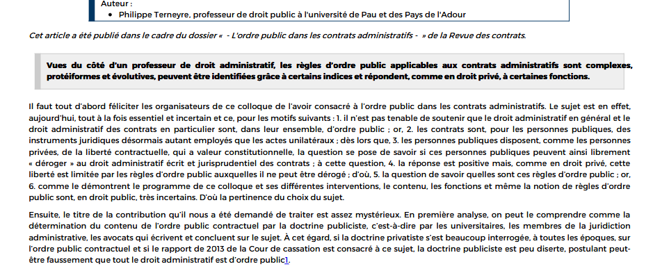 Le contenu doctrinal de l'ordre public contractuel en droit administratif