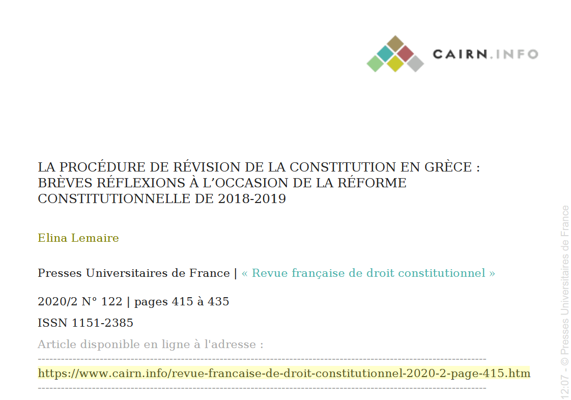 LA PROCÉDURE DE RÉVISION DE LA CONSTITUTION EN GRÈCE : BRÈVES RÉFLEXIONS À L’OCCASION DE LA RÉFORME CONSTITUTIONNELLE DE 2018-2019
