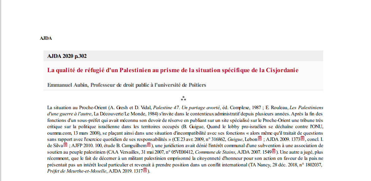 La qualité de réfugié d'un Palestinien au prisme de la situation spécifique de la Cisjordanie