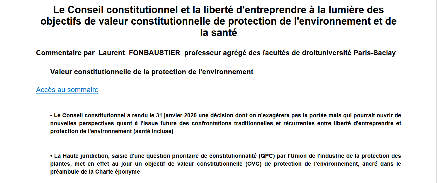 Le Conseil constitutionnel et la liberté d'entreprendre à la lumière des objectifs de valeur constitutionnelle de protection de l'environnement et de la santé