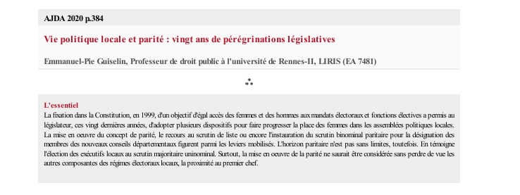 Vie politique locale et parité : vingt ans de pérégrinations législatives