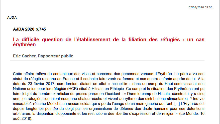 La difficile question de l'établissement de la filiation des réfugiés : un cas érythréen