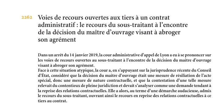 Voies de recours ouvertes aux tiers à un contrat administratif : le recours du sous-traitant à l’encontre de la décision du maître d’ouvrage visant à abroger son agrément