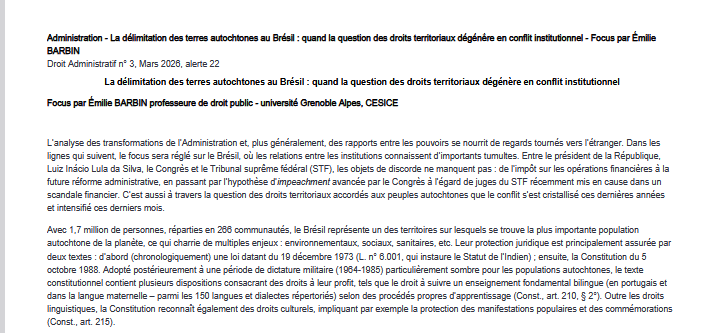 La délimitation des terres autochtones au Brésil : quand la question des droits territoriaux dégénère en conflit institutionnel
