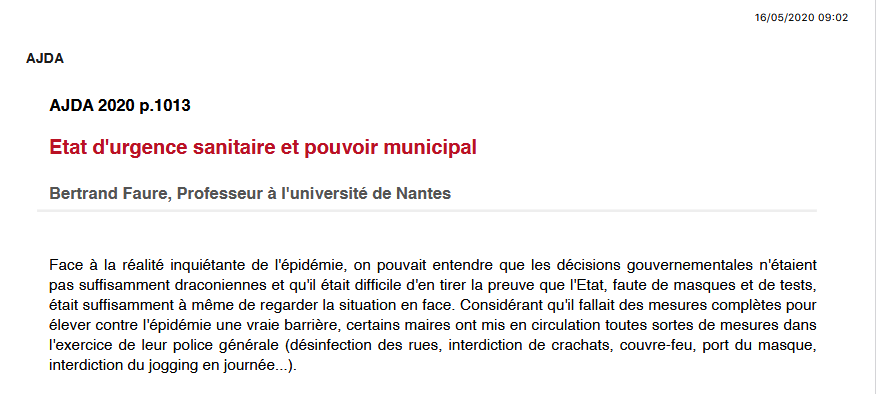 Etat d'urgence sanitaire et pouvoir municipal