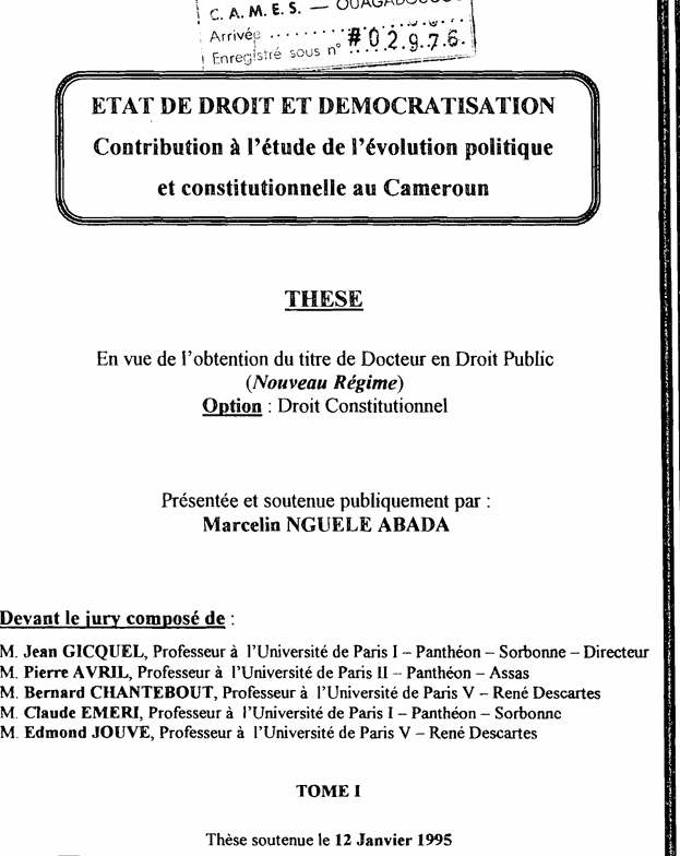 ETAT DE DROIT ET DEMOCRATISATION Contribution à l'étude de l'évolution politique et constitutionnelle au Cameroun, tome 1