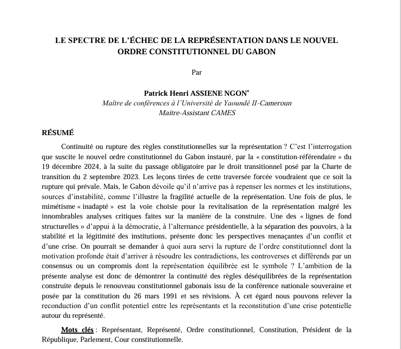LE SPECTRE DE L’ÉCHEC DE LA REPRÉSENTATION DANS LE NOUVEL  ORDRE CONSTITUTIONNEL DU GABON