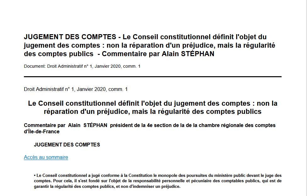 Le Conseil constitutionnel définit l'objet du jugement des comptes : non la réparation d'un préjudice, mais la régularité des comptes publics