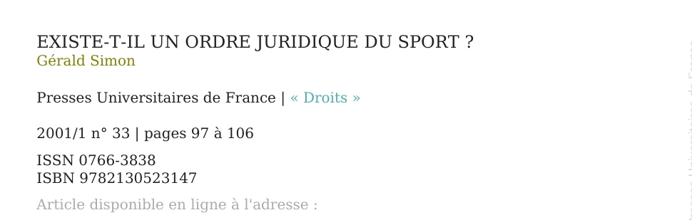 EXISTE-T-IL UN ORDRE JURIDIQUE DU SPORT ?