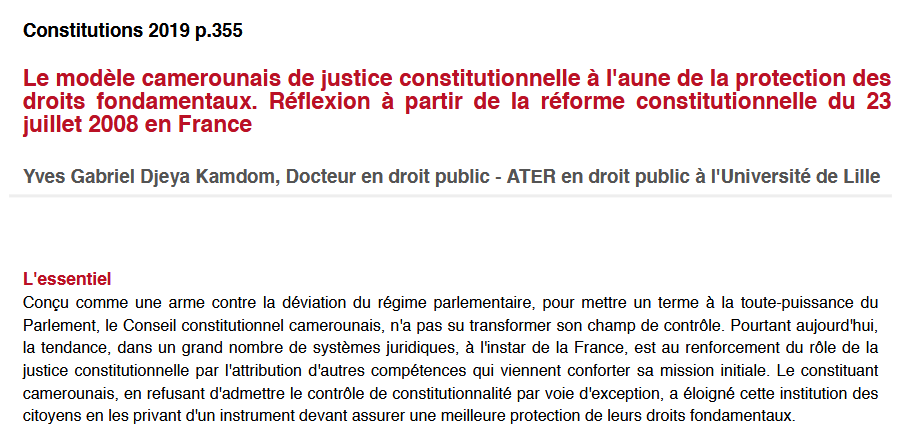 Le modèle camerounais de justice constitutionnelle à l'aune de la protection des droits fondamentaux. Réflexion à partir de la réforme constitutionnelle du 23 juillet 2008 en France