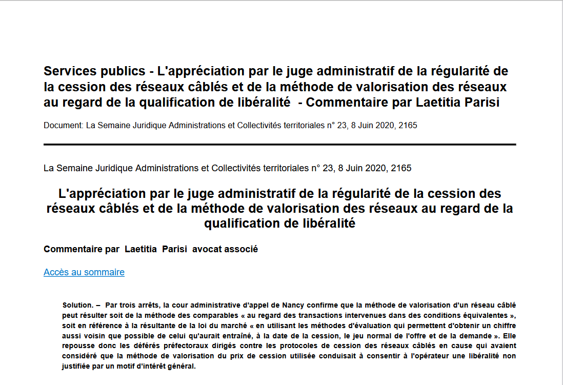 L'appréciation par le juge administratif de la régularité de la cession des réseaux câblés et de la méthode de valorisation des réseaux au regard de la qualification de libéralité