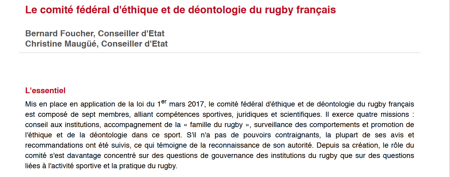 Le comité fédéral d'éthique et de déontologie du rugby français