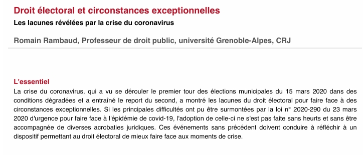 Droit électoral et circonstances exceptionnelles Les lacunes révélées par la crise du coronavirus
