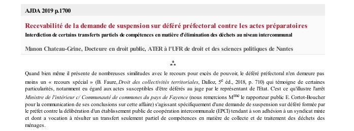 Recevabilité de la demande de suspension sur déféré préfectoral contre les actes préparatoires Interdiction de certains transferts partiels de compétences en matière d'élimination des déchets au niveau intercommunal