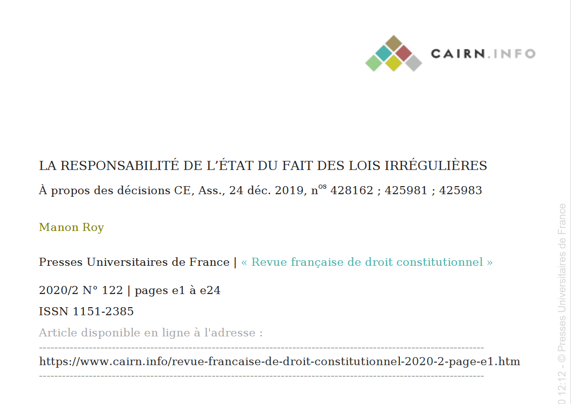 LA RESPONSABILITÉ DE L’ÉTAT DU FAIT DES LOIS IRRÉGULIÈRES