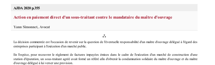 Action en paiement direct d'un sous-traitant contre le mandataire du maître d'ouvrage