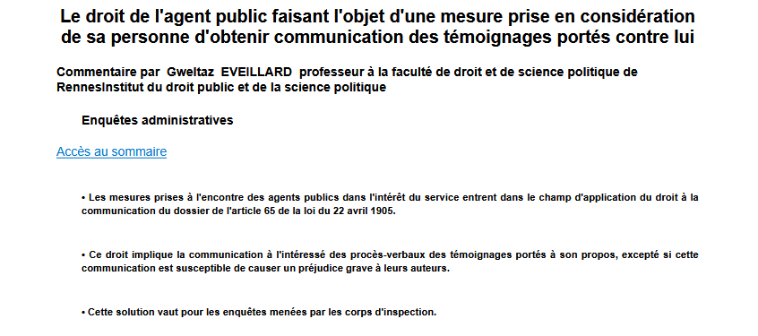 Le droit de l'agent public faisant l'objet d'une mesure prise en considération de sa personne d'obtenir communication des témoignages portés contre lui