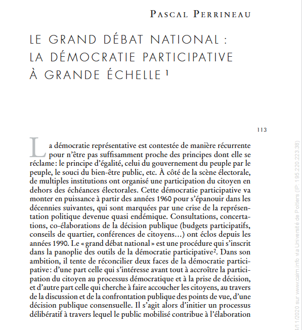 LE GRAND DÉBAT NATIONAL : LA DÉMOCRATIE PARTICIPATIVE À GRANDE ÉCHELLE