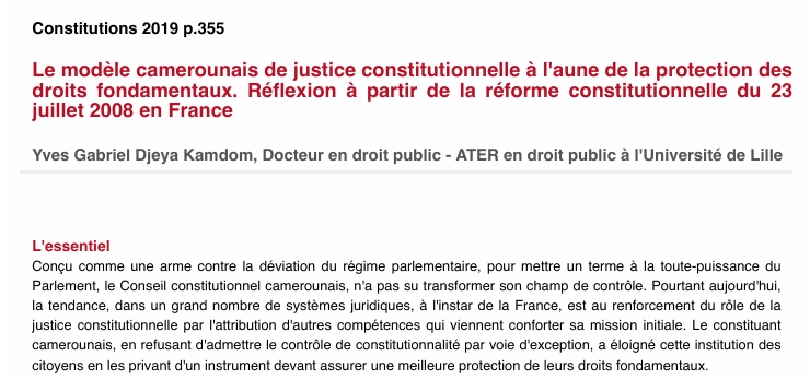 Le modèle camerounais de justice constitutionnelle à l'aune de la protection des droits fondamentaux. Réflexion à partir de la réforme constitutionnelle du 23 juillet 2008 en France